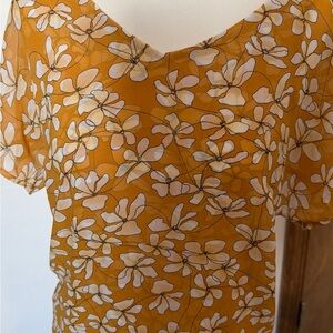 CAbi Mustard and Cream Floral Blouse small sheer
